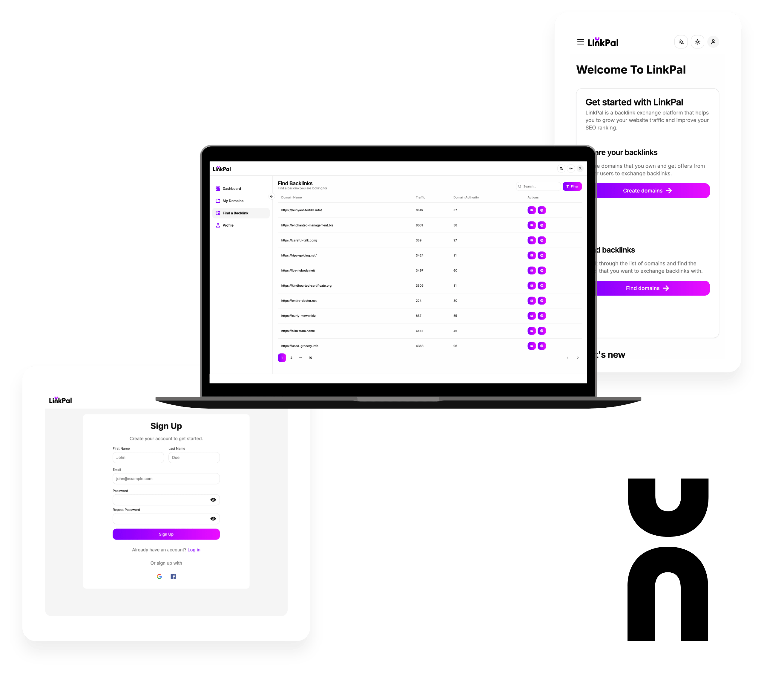 LinkPal on a laptop, sign-up form and dashboard